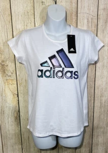 Adidas Girls Scoop Neck Graphic Print Short Sleeve Tshirt Size X Large/16 White - Picture 1 of 3