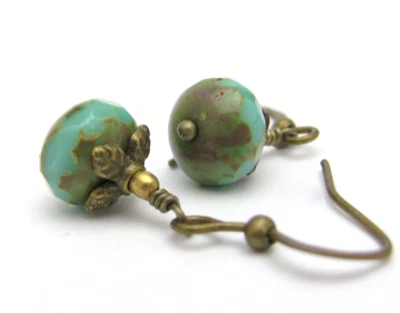 Серьги из бирюзового сине-зеленого стекла с бисером изящные антикварные латунь чешское стекло - Изображение 1 из 4