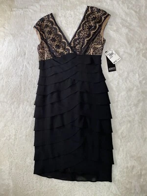 Vestido Adrianna Papell 4 Petite Negro Volantes en Niveles Cóctel Noche NUEVO $180 Foto 1 de 4