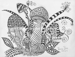 MUSHROOM ORIGINAL ART zentangle inspired,whimsy,pen & ink 9x12 inch,black&white - Picture 1 of 2