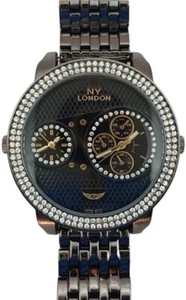 NY London Men's Dual Time Zones Watch Fashion Dress Diamond Black Analog Quartz. - Picture 1 of 5