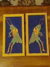 Set of Two Crickets playing Violin Fiddle Signed Art Tile Elaine Cain 4" X 8"