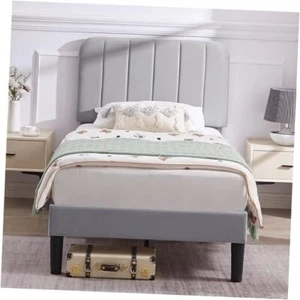 Twin Size Bed Frame with Upholstered Headboard, Velvet Platform Bedframe - Picture 1 of 8