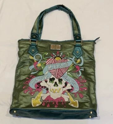 Винтажная наплечная сумка с короткими ручками Don Ed Hardy 7829 Melrose «Любовь убивает медленно» - Изображение 1 из 4