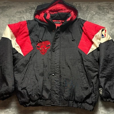 Vintage Chicago Bulls Puffer Jacket Mens XL Black Juster Basketball NBA Hooded - Image 1 of 4