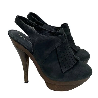Elizabeth and James Grab Black Leather Fringed Slingback Platform Heels 7.5M - Image 1 of 4