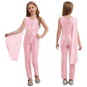 Kids Girls Pantsuit Teens Jumpsuit Glitter Bodysuit Holiday Sleeveless Wedding - Picture 1 of 62