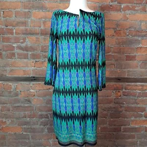 Laundry by Design Multicolor Blue Green Split Neck Knit Dress 3/4 Sleeves Size 2 - Picture 1 of 7