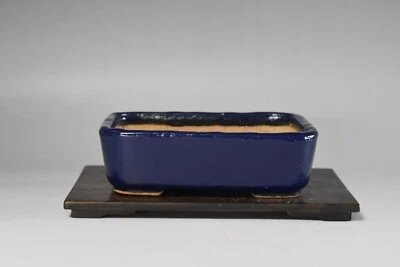 Japanese Tokoname Bonsai  Pot / made by Hattori 14cm (5.5") dark blue rectangle - Image 1 of 4