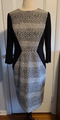 MUSE Women's Sz 6 Black White Animal Print Knit Side 3/4 Sleeve Knee Lgth Dress  - Image 1 of 4
