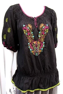 NINE WEST SHORT SLEEVE EMBROIDER BLOUSE SIZE M MEDIUM BLACK - Picture 1 of 7