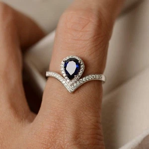 Blue Sapphire Dainty Ring Lab Created Pear Gemstone Sterling Silver Women Ring - Picture 1 of 5