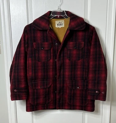 WOOLRICH Mens 42 Red Buffalo Plaid Vintage USA Mackinaw Barn Chore Hunting Coat - Image 1 of 4