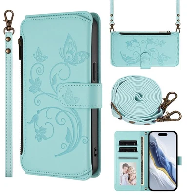 Zipper Wallet Case For Various Phone Crossbody 6 Cards Leather Flip Stand Cover - Image 1 of 4