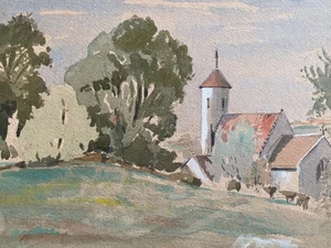 WATERCOLOUR CHURCH & TREES WHITE HIGHLIGHTS LANDSCAPE Peter Arnold - Picture 1 of 2