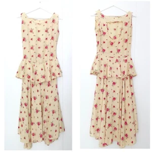 Original Vintage 30er Jahre creme rosa Blumen Schößchen handgefertigt ärmellos Maxikleid - Bild 1 von 14