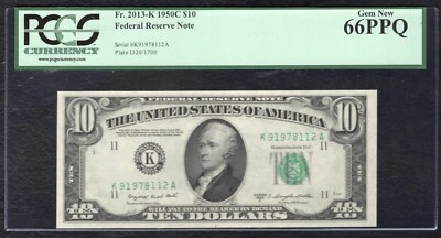 FR. 2013-K 1950-C $10 FRN FEDERAL RESERVE NOTE DALLAS, TX PCGS GEM UNC-66PPQ - Image 1 of 2
