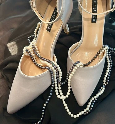 ERIJUNOR Wedding Evening Party Shoes with Bow Knot Ankle Strap Satin Shoes. - Image 1 of 4