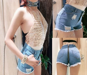 Women Mini Denim Shorts High Rise Waist Sexy Jeans Short Hot Pants Nightclub - Picture 1 of 7