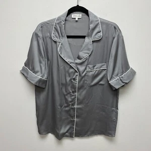 Ettitude Womens Gray Short Sleeve Pocket Collar Sateen PJ Sleepwear Shirt S New - Picture 1 of 9
