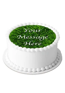 PERSONALISED Cake Topper Green Grass Effect Edible Icing 7-8" Circle Decoration - Picture 1 of 9