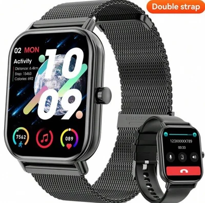 Montre Connecté Noir Acier Inoxydable Écran HD Traqueur Fitness 100 Modes Sports - Photo 1/4