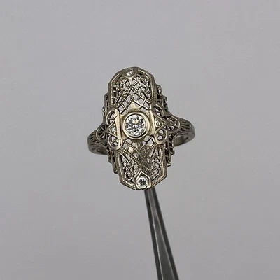 Anillo Art Deco Damas Oro Blanco 14k Filigrana Diamante Natural .25ctw Talla 7 Foto 1 de 4