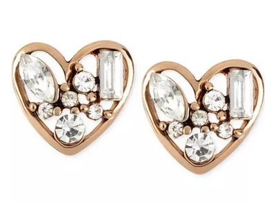 Betsey Johnson Rose Gold Tone Open Frame Heart Stud Earrings Crystal NWT - Image 1 of 4