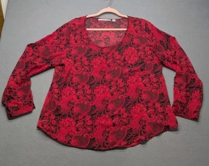 Valerie Stevens Damen rot und schwarz Blumen Top verstellbare Ärmel XL halbtransparent  - Bild 1 von 4