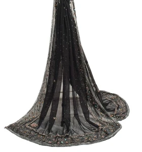 Sushila Vintage Pure Georgette Scrap Dupatta Mukesh Work Black Long Stole Wrap - Picture 1 of 11