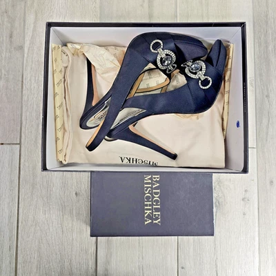 Badgley Mischka Shoes Womens Size 9 Black Xoria Slingback Heels Rhinestone Satin - Image 1 of 4