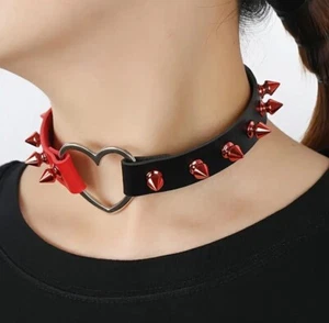 Gothic punk, red and black heart choker necklace Spiked Studs two tone design  - Picture 1 of 7