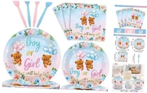 96 Pieces Theme Tableware Set for Gender Reveal Party Table Bear Gender Reveal - Picture 1 of 7