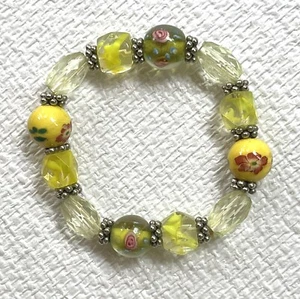 Art Glass Lampwork Bead Bracelet Yellow Ceramic, Glass, & Acrylic Good Stretch - Picture 1 of 6