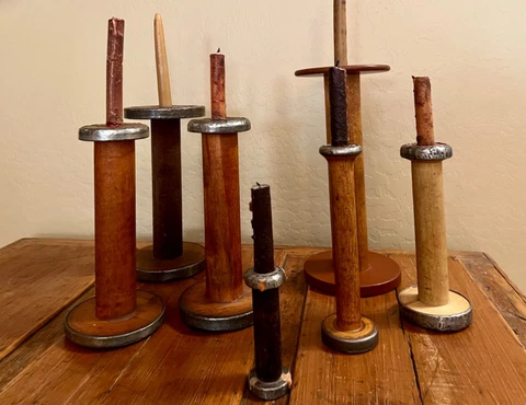 All 7 Antique Wooden Industrial Bobbins or Thread Spool Candle Sticks & Candles Cover