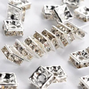 100pcs Silver Plated Crystal Rhinestone Square Spacer Beads 5x5 6x6 8x8 10x10mm - Picture 1 of 1