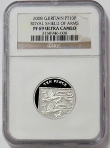 2008 PLATINUM GREAT BRITAIN 184 MINTED 10 PENCE ROYAL SHIELD OF ARMS NGC PF69UC - Picture 1 of 3