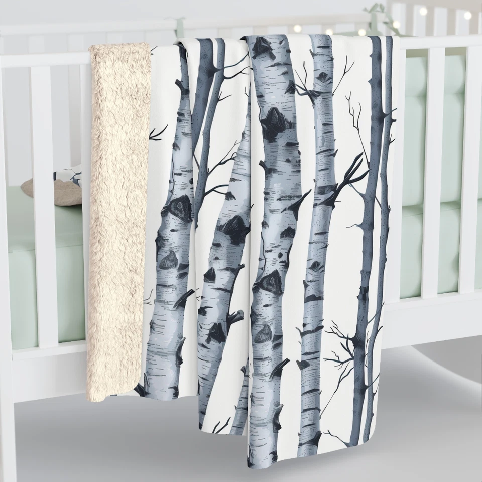 Cozy Sherpa Fleece Blanket with Birch Tree Design, Winter Home Decor - Image 1 of 1