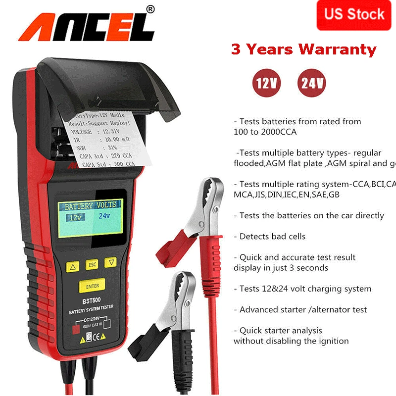 Herramienta probadora de carga de batería Ancel BST500 12V & 24V para automóvil camión con impresora térmica EE. UU. Foto 1 de 4