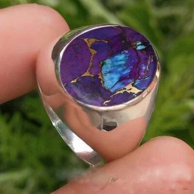 Solid 925 Sterling Silver Natural Purple Turquoise Oval Gemstone Men's Gift Ring - Image 1 of 4