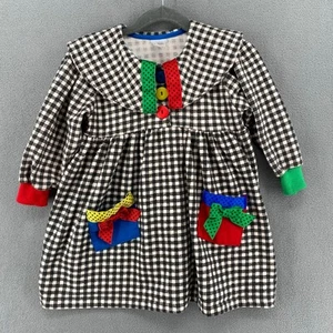 Vtg 80s 90s Buster Brown Colorblock Pockets Checkered Dress Girls 4T Black White - Picture 1 of 16