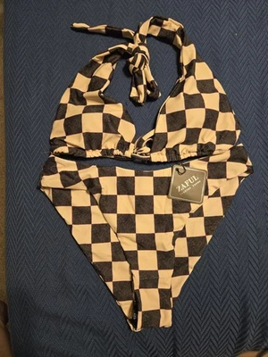 Bikini triángulo a cuadros Zaful para mujer bandera de coche de carreras top descarado talla mediana Foto 1 de 4