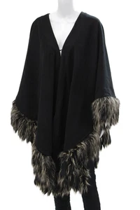 Adrienne Landau Womens Faux Fur Trim Hook + Eye Closure Shawl Black Size OS - Picture 1 of 6
