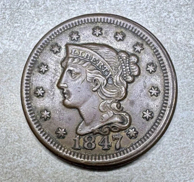 1847 Large Copper Braided Hair One Cent - Image 1 of 2