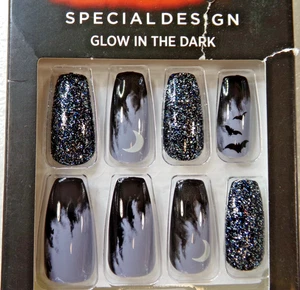 KISS Special Design NAILS GLUE ON LONG- Shiny Black & Gray Halloween glitter - Picture 1 of 3