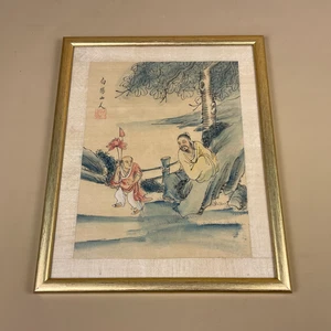 Antique Hand Painted Silk Japanese Painting Picture Oriental Silk Artwork Gold - Picture 1 of 9