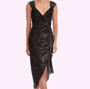 Vestido midi de cóctel Saylor Farrah de terciopelo Burnout a rayas de tigre envolvente sintético nuevo con etiquetas M - Imagen 1 de 8