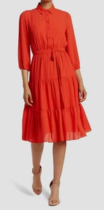 Nanette Lepore Tiered Tie Waist Dress In Hot Coral Button Front Size 14 NWT - Picture 1 of 11