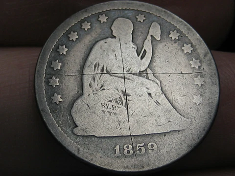 1859 O Silver Seated Liberty Quarter- New Orleans, About Good Details Cover
