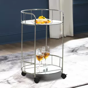 2-Tier Round Rolling Bar Cart Serving Cart Tempered Glass & 4 Wheels W/ Lock - Picture 1 of 9